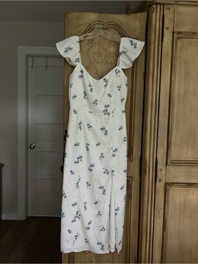 JustFab White Midi Dress with Blue Floral Print and Ruffle Sleeves